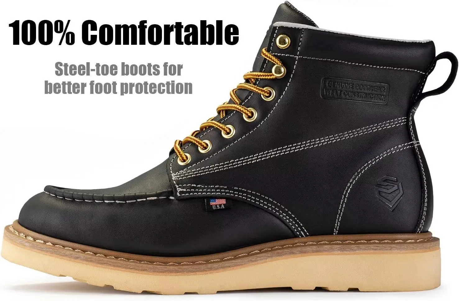 SUREWAY 6” Wedge Moc Toe Work Boots for Men - Soft Toe,Premium Full-Grain Leather,Lightweight Work Boots/Shoes,Comfort Insole,Oil/Slip Resistant,Real Goodyear,EH Rated Industrial Construction Boots