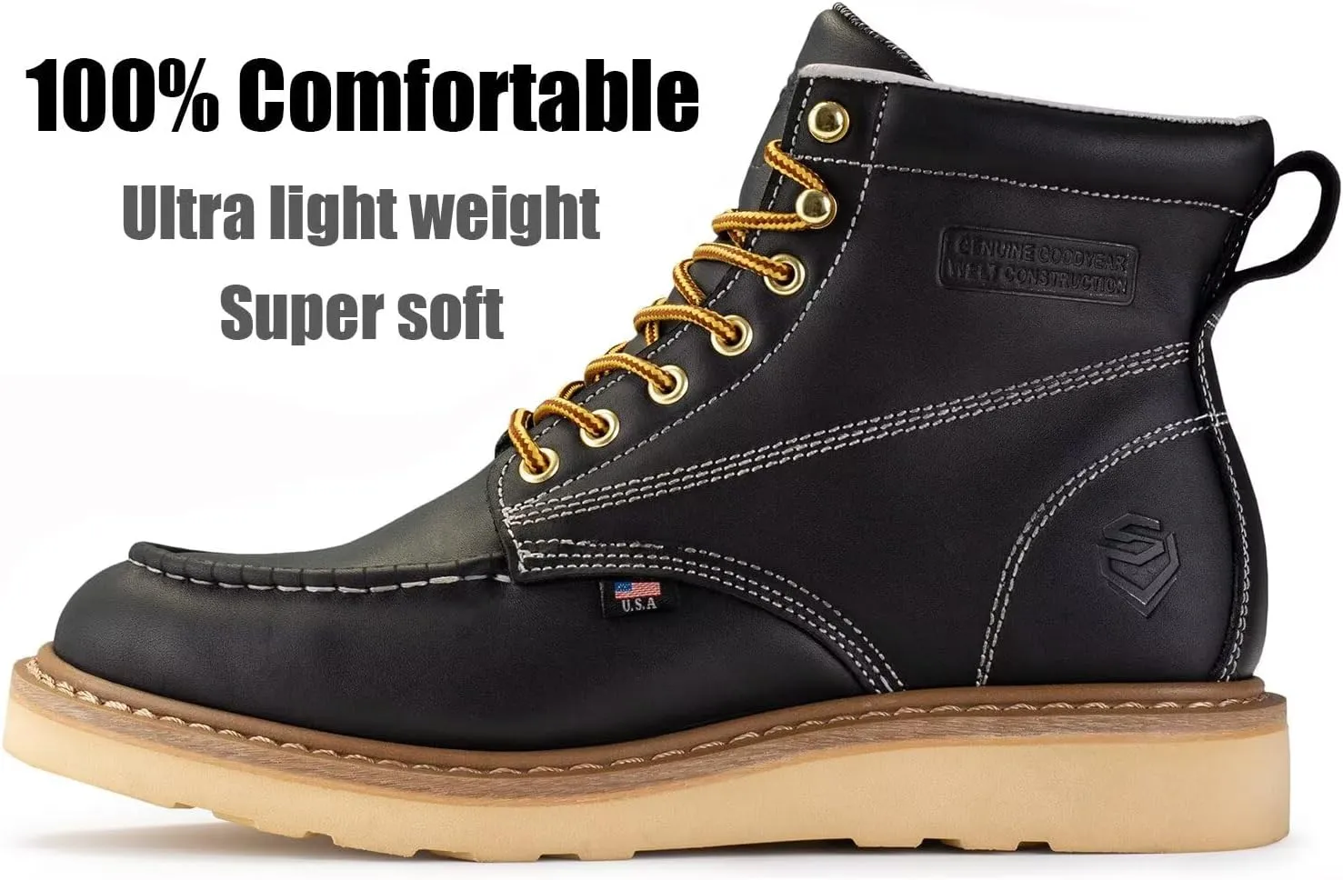 SUREWAY 6” Wedge Moc Toe Work Boots for Men - Soft Toe,Premium Full-Grain Leather,Lightweight Work Boots/Shoes,Comfort Insole,Oil/Slip Resistant,Real Goodyear,EH Rated Industrial Construction Boots