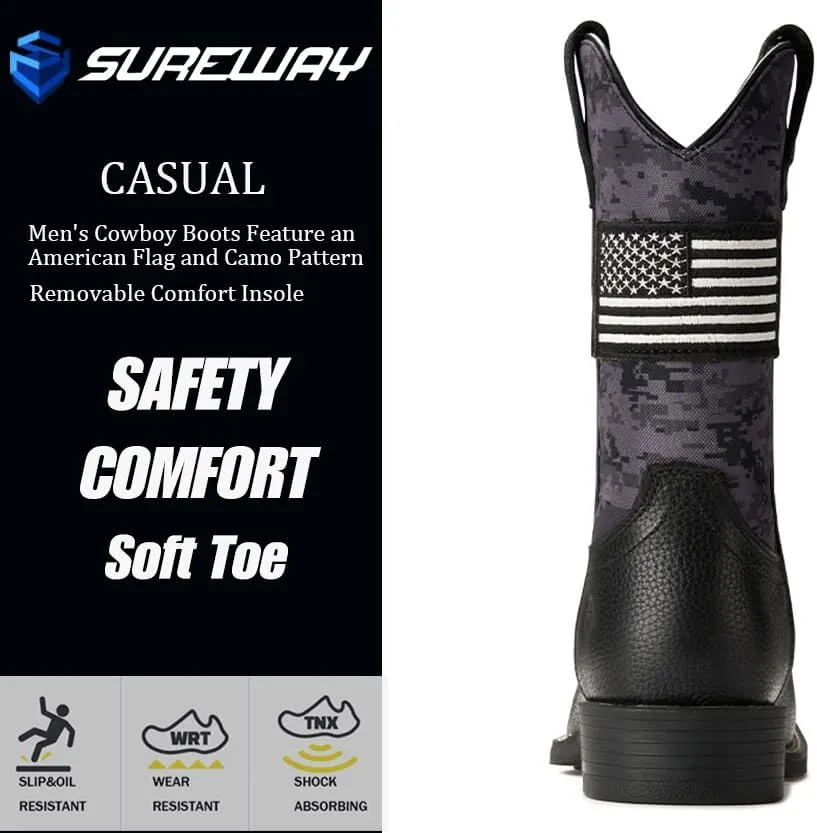 SUREWAY Cowboy Boots For Men - Mens Square Toe Western Boot With Flag,Oil/Slip Resistant,Durable Fashionable Classic Pull on 10 Inch Boots