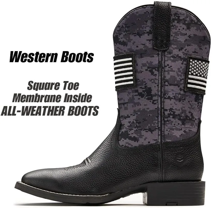 SUREWAY Cowboy Boots For Men - Mens Square Toe Western Boot With Flag,Oil/Slip Resistant,Durable Fashionable Classic Pull on 10 Inch Boots