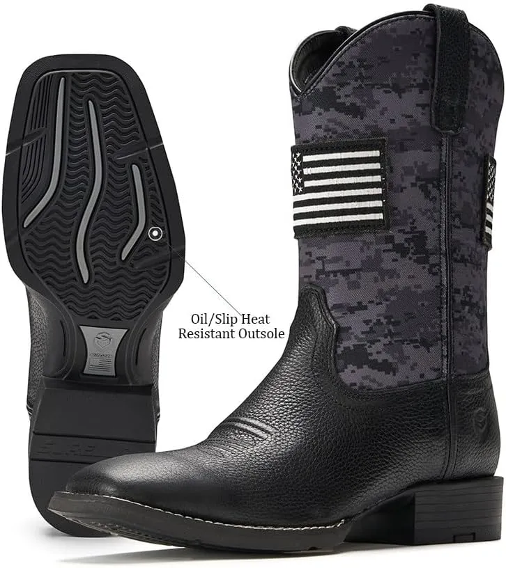 SUREWAY Cowboy Boots For Men - Mens Square Toe Western Boot With Flag,Oil/Slip Resistant,Durable Fashionable Classic Pull on 10 Inch Boots