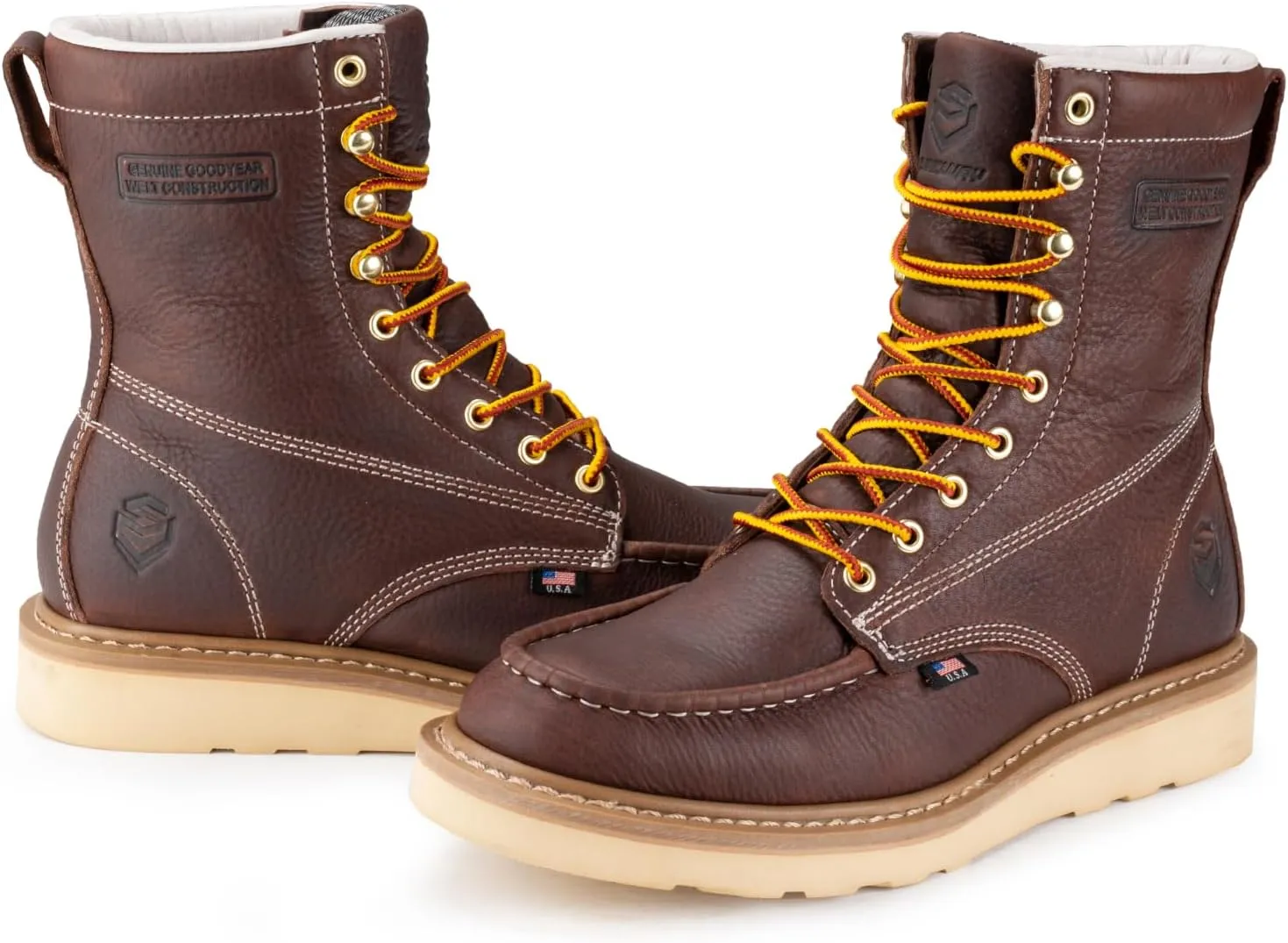 SUREWAY Mens 8 in Wedge Moc Soft/Steel Toe Work Boots for Men,Full-Grain Leather,Goodyear Welt,EH,Safety Industrial Construction Boots/Shoes for Women