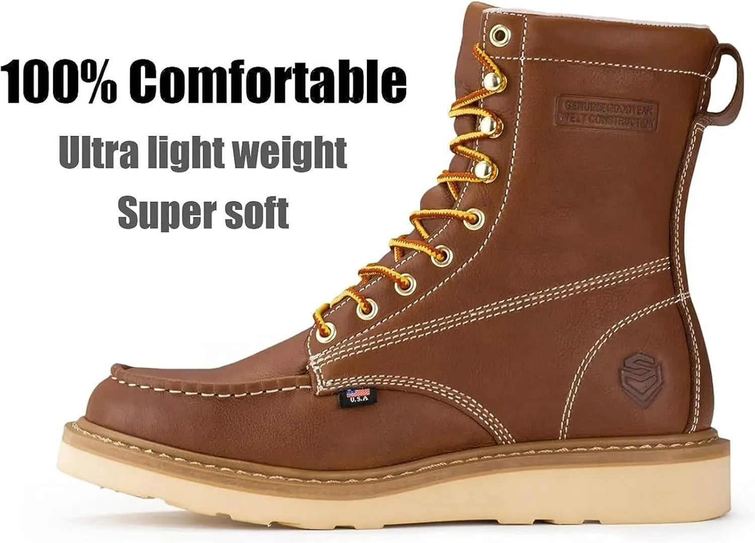 SUREWAY Mens 8 in Wedge Moc Soft/Steel Toe Work Boots for Men,Full-Grain Leather,Goodyear Welt,EH,Safety Industrial Construction Boots/Shoes for Women