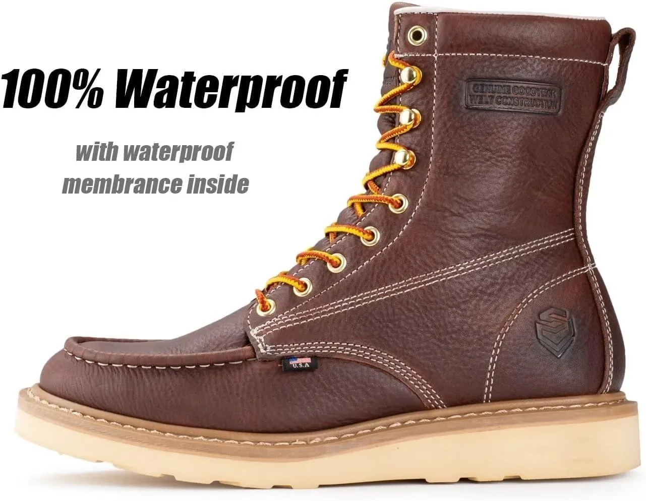 SUREWAY Mens 8 in Wedge Moc Soft/Steel Toe Work Boots for Men,Full-Grain Leather,Goodyear Welt,EH,Safety Industrial Construction Boots/Shoes for Women