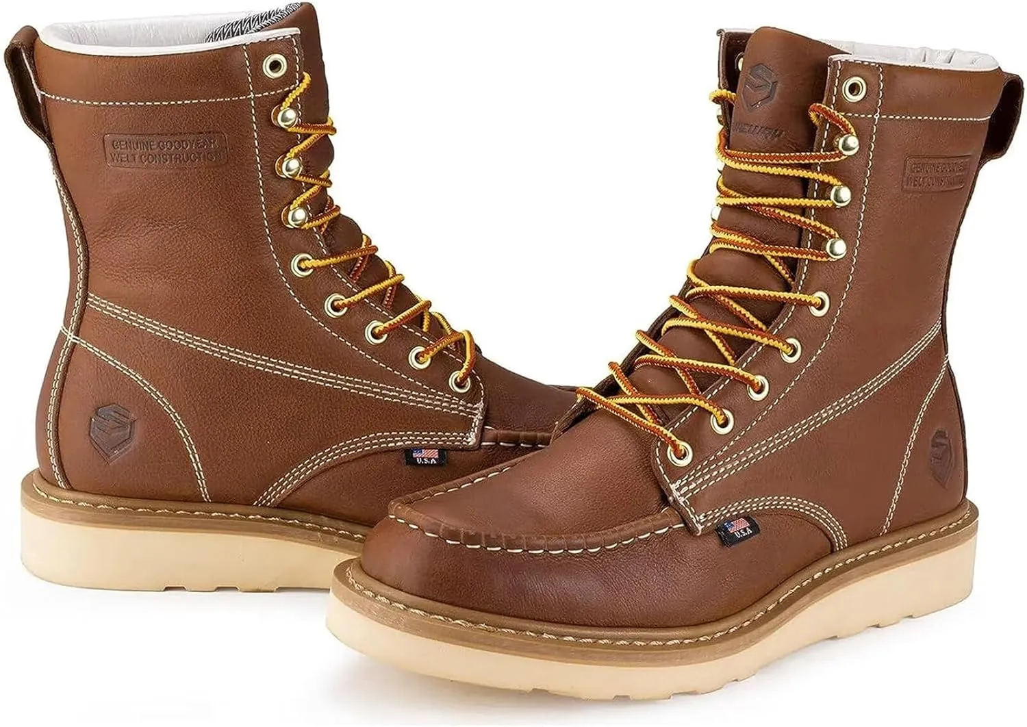 SUREWAY Mens 8 in Wedge Moc Soft/Steel Toe Work Boots for Men,Full-Grain Leather,Goodyear Welt,EH,Safety Industrial Construction Boots/Shoes for Women