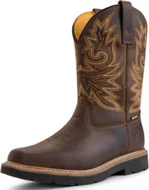 SUREWAY Men's Western Cowboy Boots-Soft Toe,Waterproof Square Toe Work Boots for Men,Comfortable & Durable,Oil/Slip Resistant,Thicker Leather,Rubber Sole,Work Shoes With Embroidered