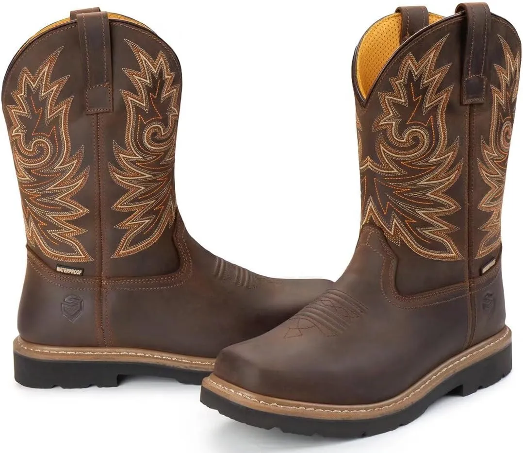 SUREWAY Men's Western Cowboy Boots-Soft Toe,Waterproof Square Toe Work Boots for Men,Comfortable & Durable,Oil/Slip Resistant,Thicker Leather,Rubber Sole,Work Shoes With Embroidered