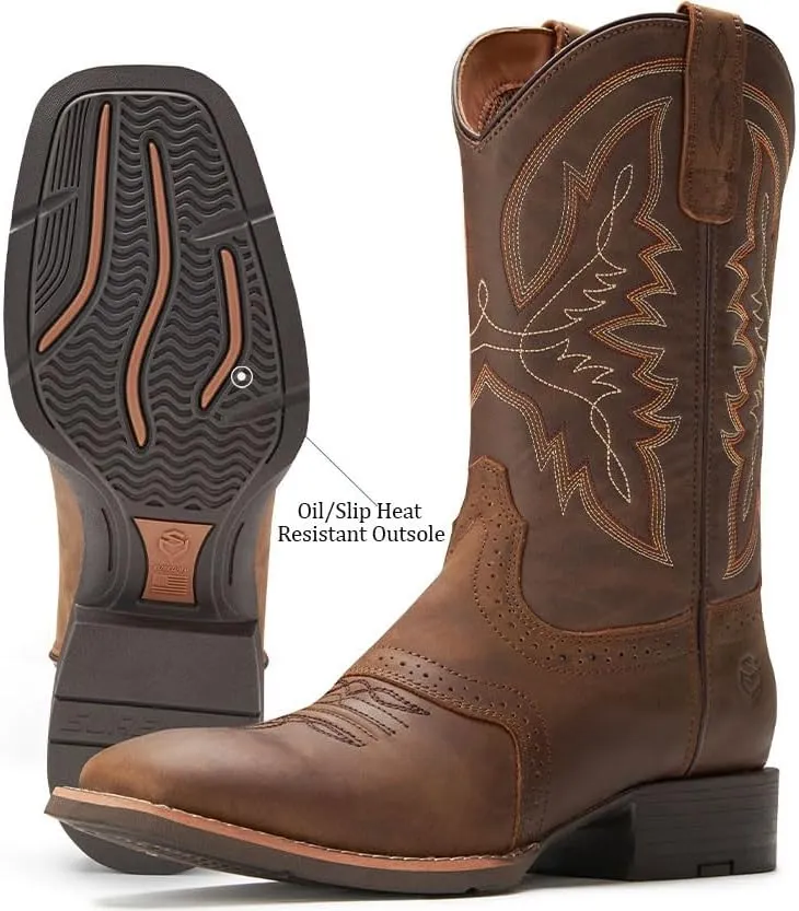 SUREWAY Western Boots For Men - Mens Square Toe Cowboy Boot,Oil/Slip Resistant,Durable Fashionable Classic Pull on 10 Inch Wellington Boots - Soft Toe Work Boots