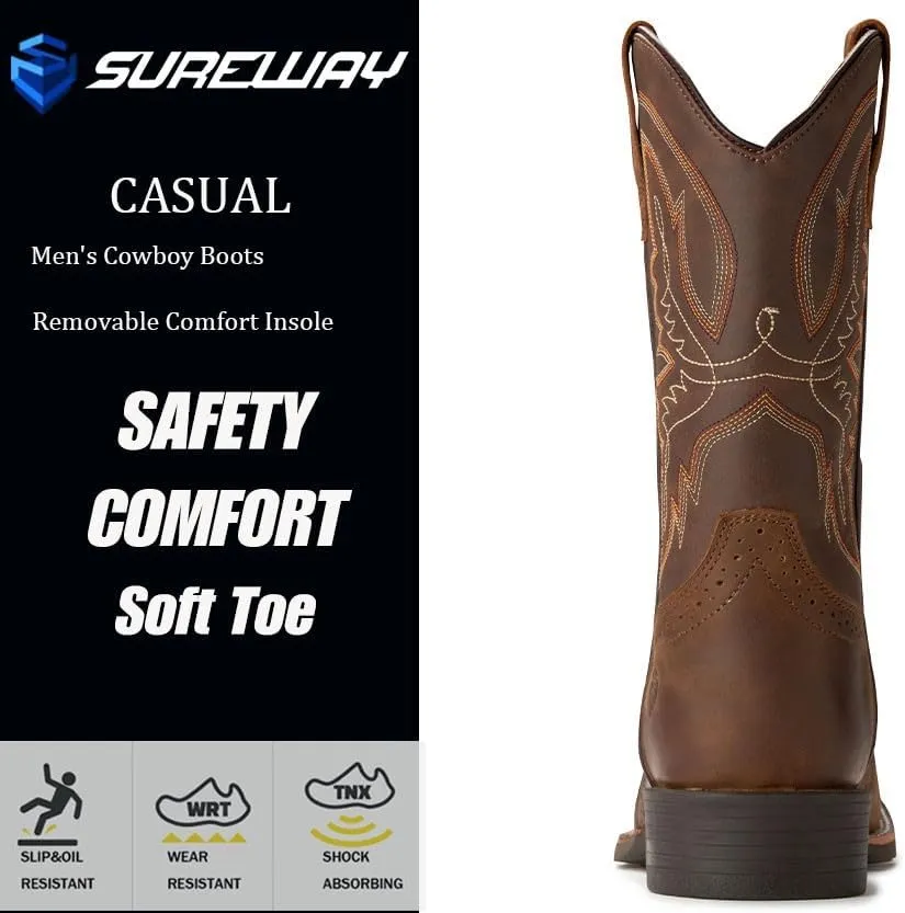 SUREWAY Western Boots For Men - Mens Square Toe Cowboy Boot,Oil/Slip Resistant,Durable Fashionable Classic Pull on 10 Inch Wellington Boots - Soft Toe Work Boots