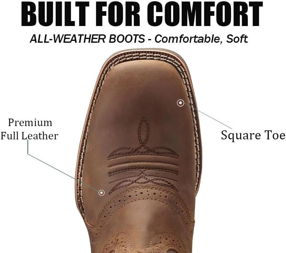 SUREWAY Western Boots For Men - Mens Square Toe Cowboy Boot,Oil/Slip Resistant,Durable Fashionable Classic Pull on 10 Inch Wellington Boots - Soft Toe Work Boots