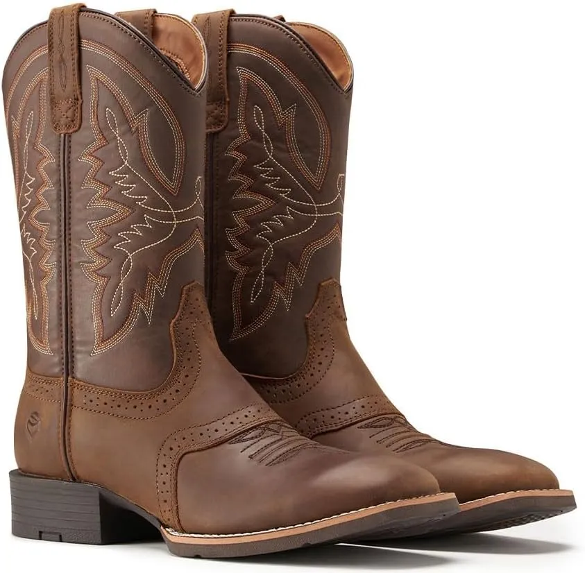 SUREWAY Western Boots For Men - Mens Square Toe Cowboy Boot,Oil/Slip Resistant,Durable Fashionable Classic Pull on 10 Inch Wellington Boots - Soft Toe Work Boots