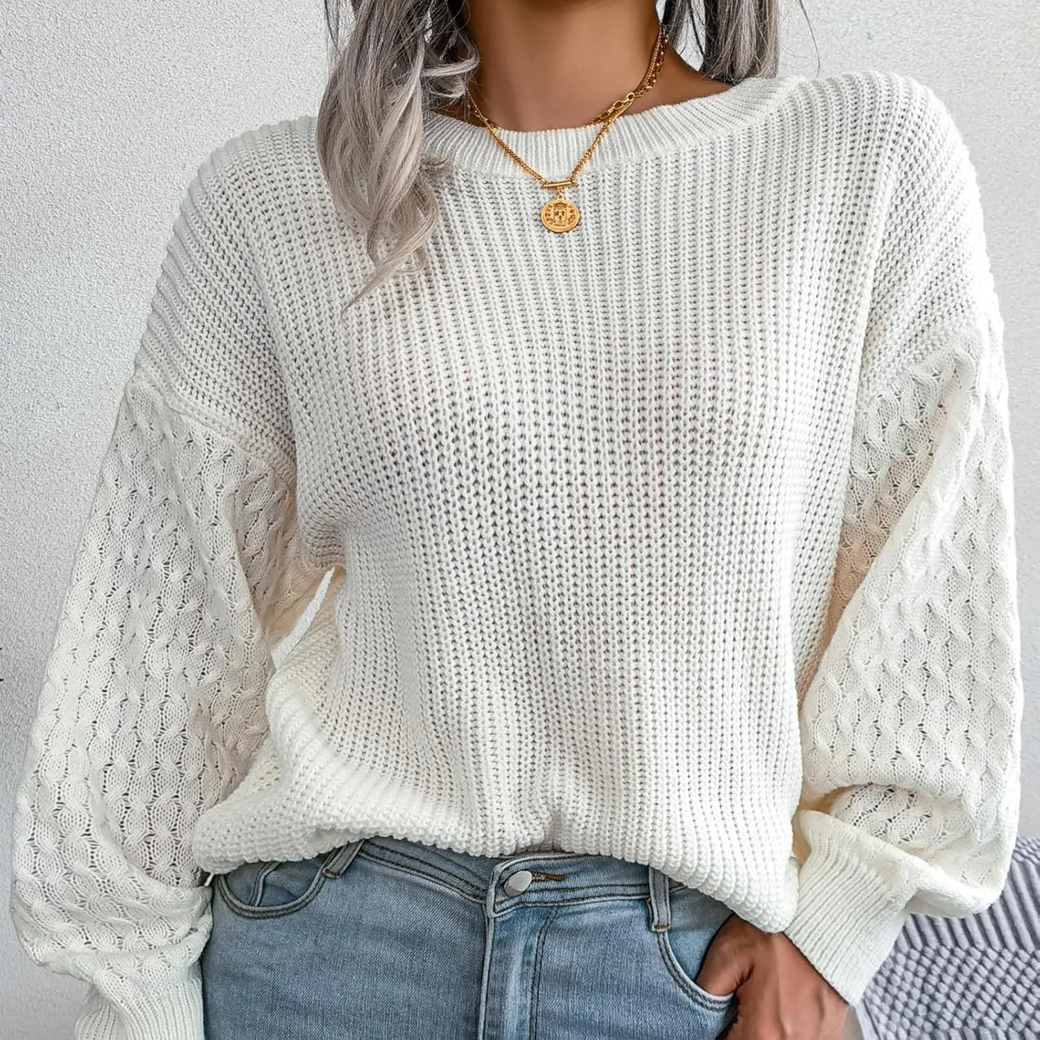Sweaters for Women Lightweight Lantern Long Sleeve Womens Oversized Sweater Crewneck Waffle Knit Pullover Sweaters
