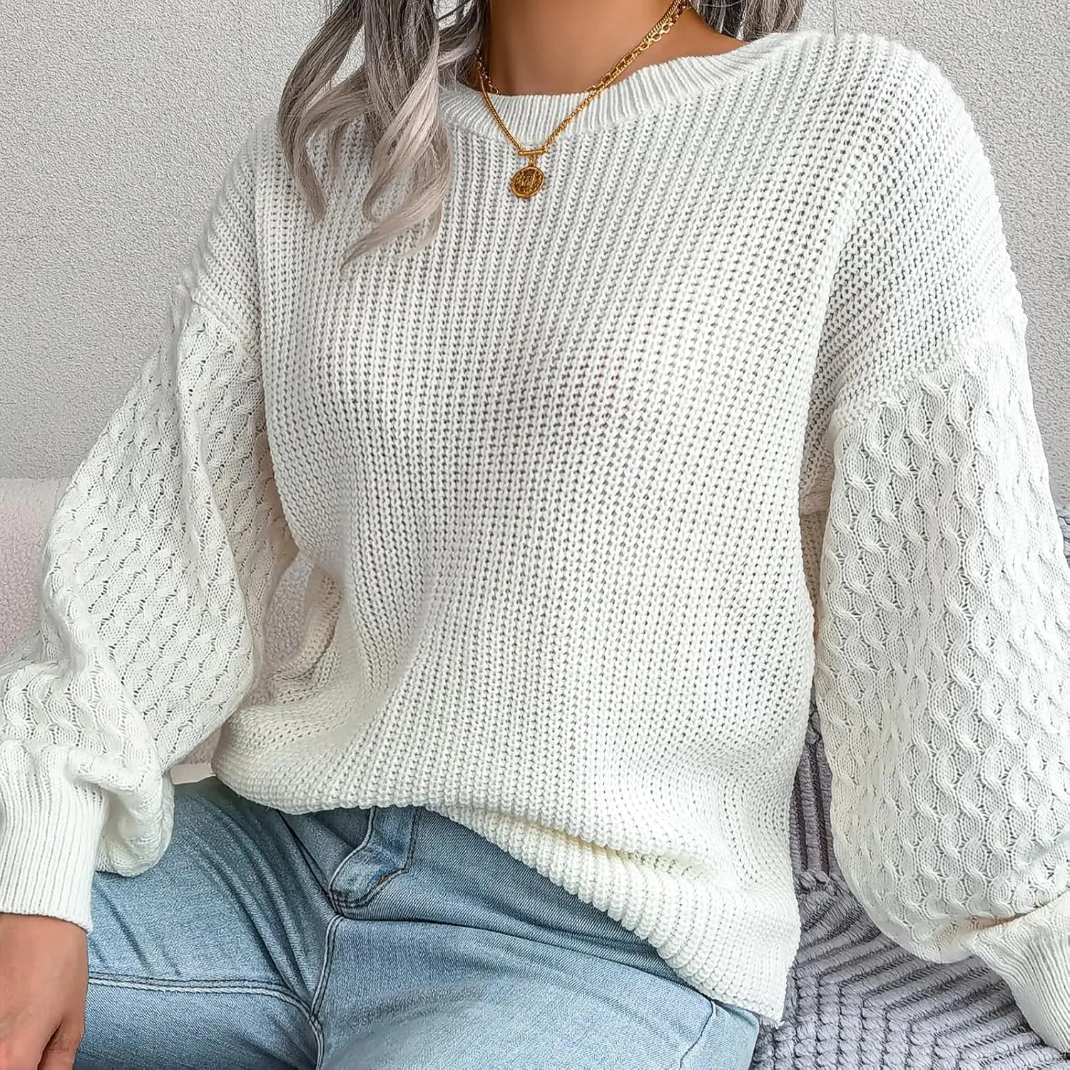 Sweaters for Women Lightweight Lantern Long Sleeve Womens Oversized Sweater Crewneck Waffle Knit Pullover Sweaters
