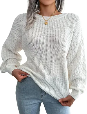 Sweaters for Women Lightweight Lantern Long Sleeve Womens Oversized Sweater Crewneck Waffle Knit Pullover Sweaters