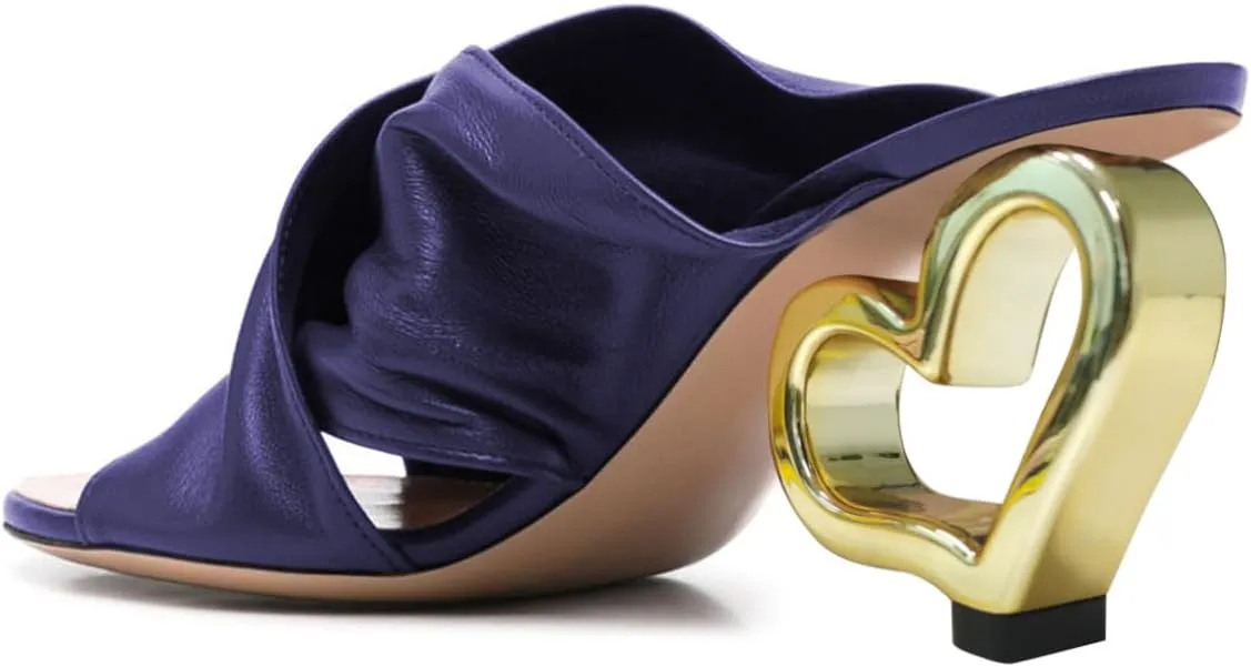 Tang'scuisins Women Open Round Toe Ruched Mules Slip on Slouch Slide Sandals Mid Heart Heel Party Casual Dress Shoes Size 4-16 US