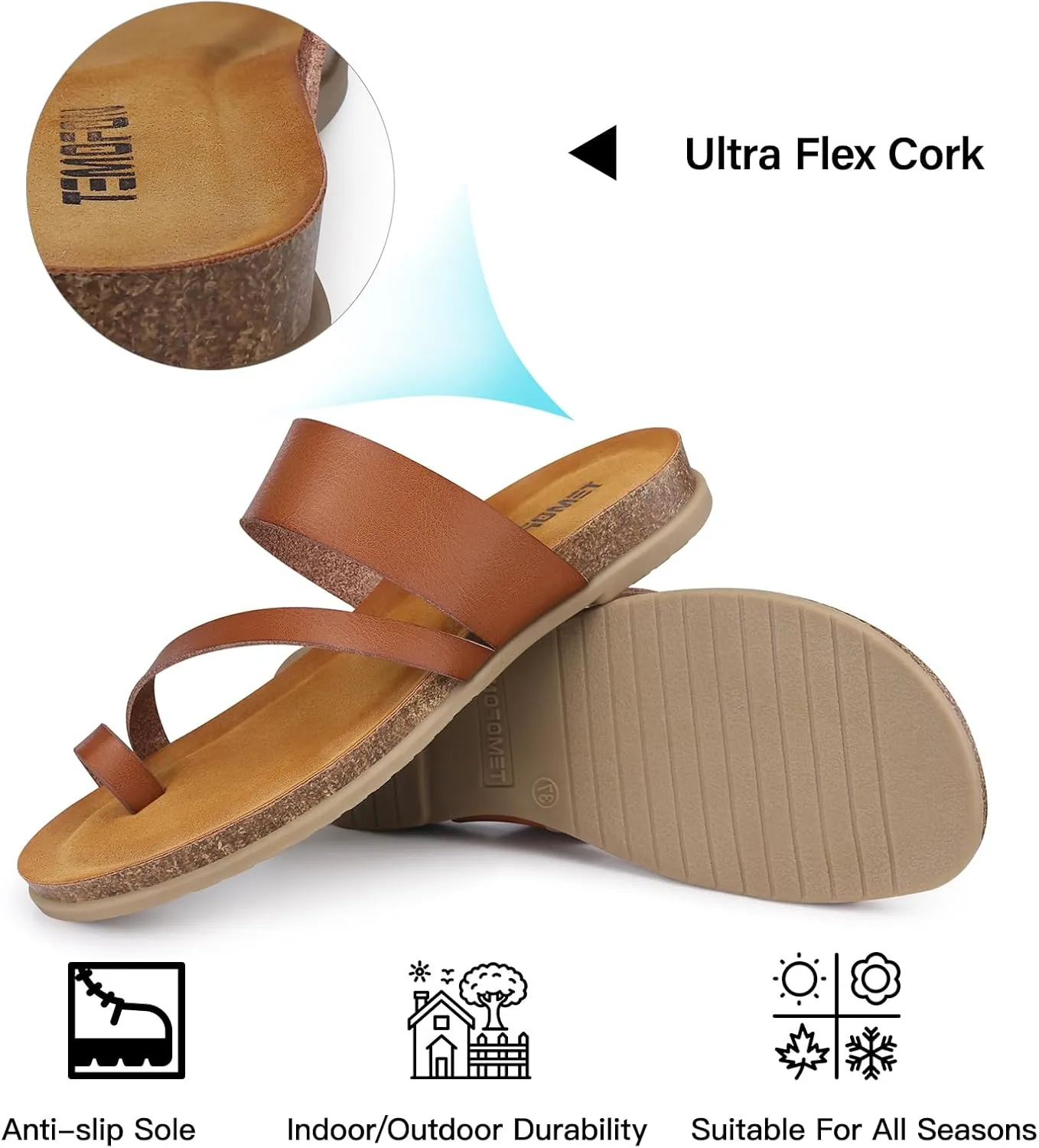 TEMOFON Women Summer Flip Flops: Genuine Leather Sandals, Cork Footbed, Comfortable Arch Support, Black/White/Brown/Nude Thong Sandals Size 5-11