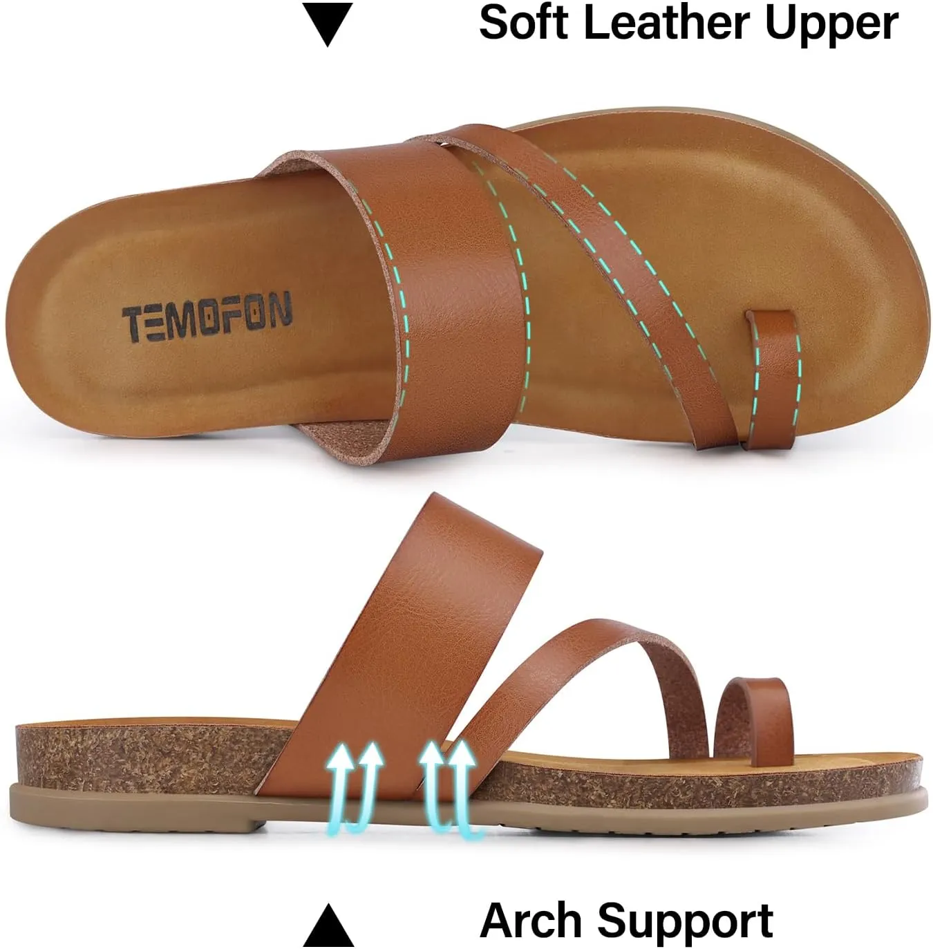 TEMOFON Women Summer Flip Flops: Genuine Leather Sandals, Cork Footbed, Comfortable Arch Support, Black/White/Brown/Nude Thong Sandals Size 5-11