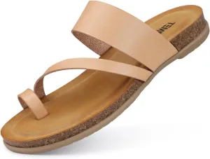 TEMOFON Women Summer Flip Flops: Walking Comfortable Cork - Slide Arch Support Leather Sandals - Nude Dressy Thong Sandals Size 6
