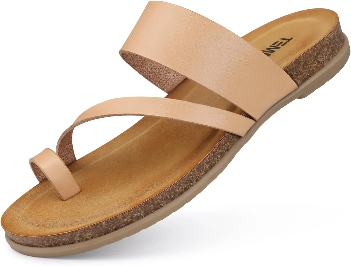 TEMOFON Women Summer Flip Flops: Walking Comfortable Cork - Slide Arch Support Leather Sandals - Nude Dressy Thong Sandals Size 6
