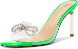 TNYNFBEB Womens Mid Heel Peep Open Toe Mules Shoes Sandals Slip-on Rhinestone Crystal Bow-knot Party Clear 3.3 Inches Heels