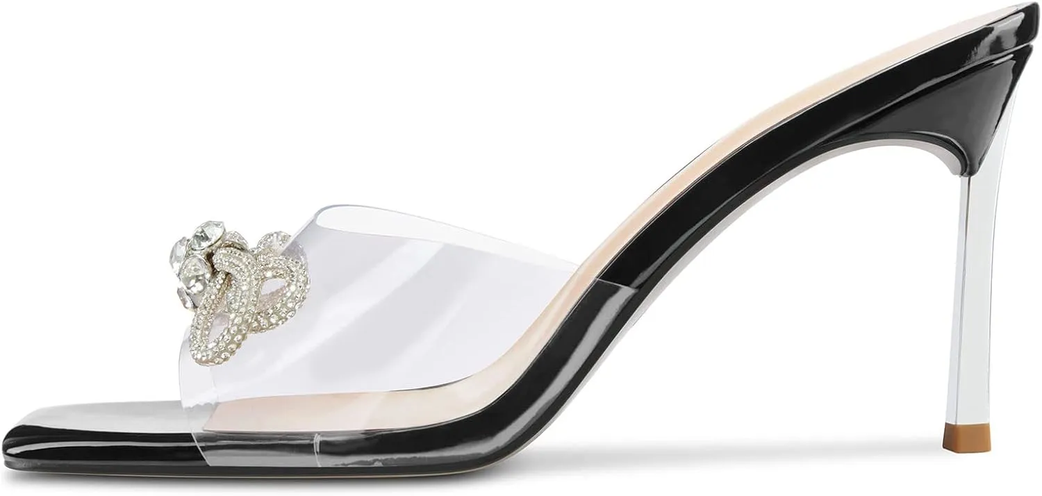 TNYNFBEB Womens Mid Heel Peep Open Toe Mules Shoes Sandals Slip-on Rhinestone Crystal Bow-knot Party Clear 3.3 Inches Heels