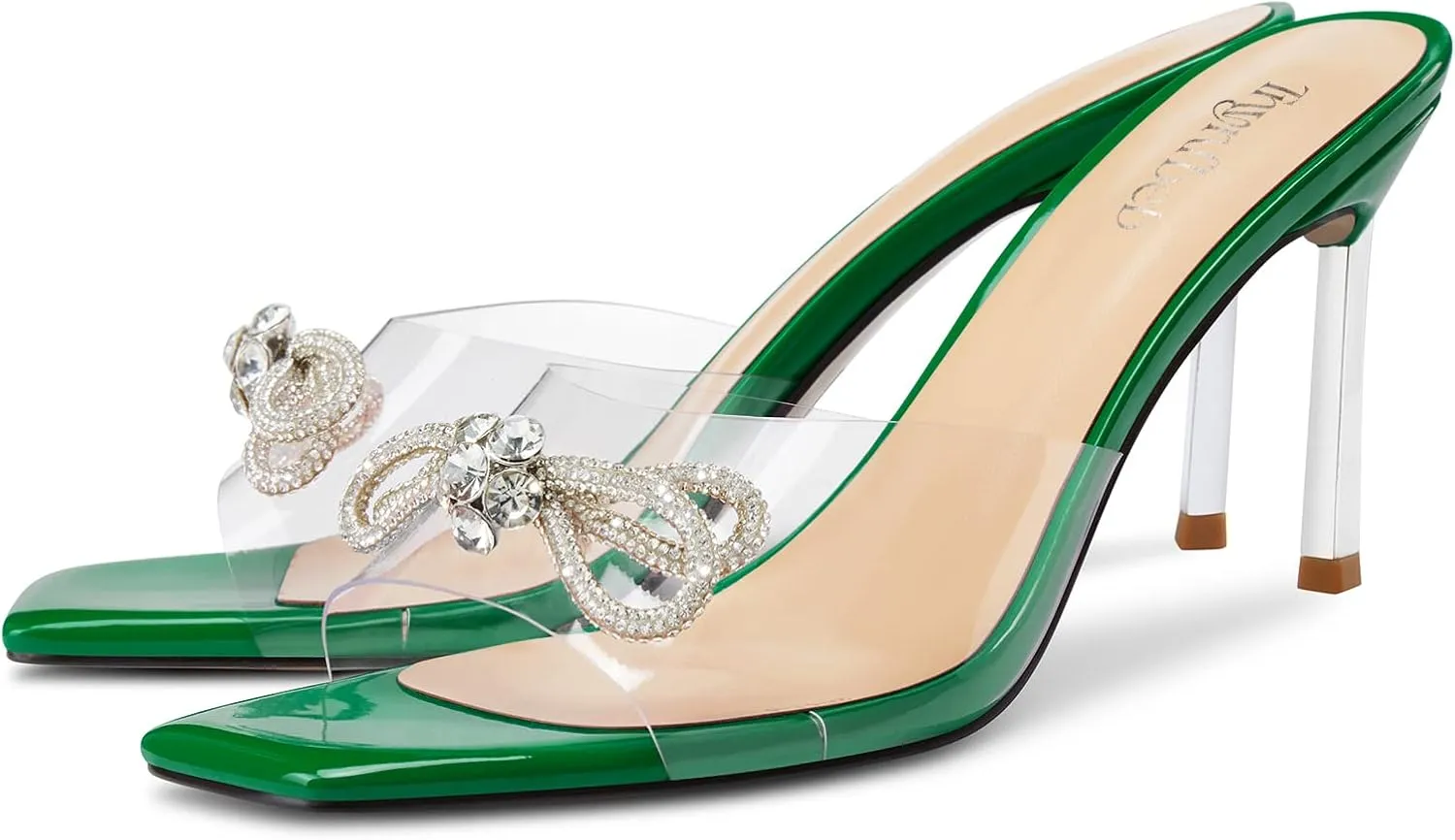 TNYNFBEB Womens Mid Heel Peep Open Toe Mules Shoes Sandals Slip-on Rhinestone Crystal Bow-knot Party Clear 3.3 Inches Heels