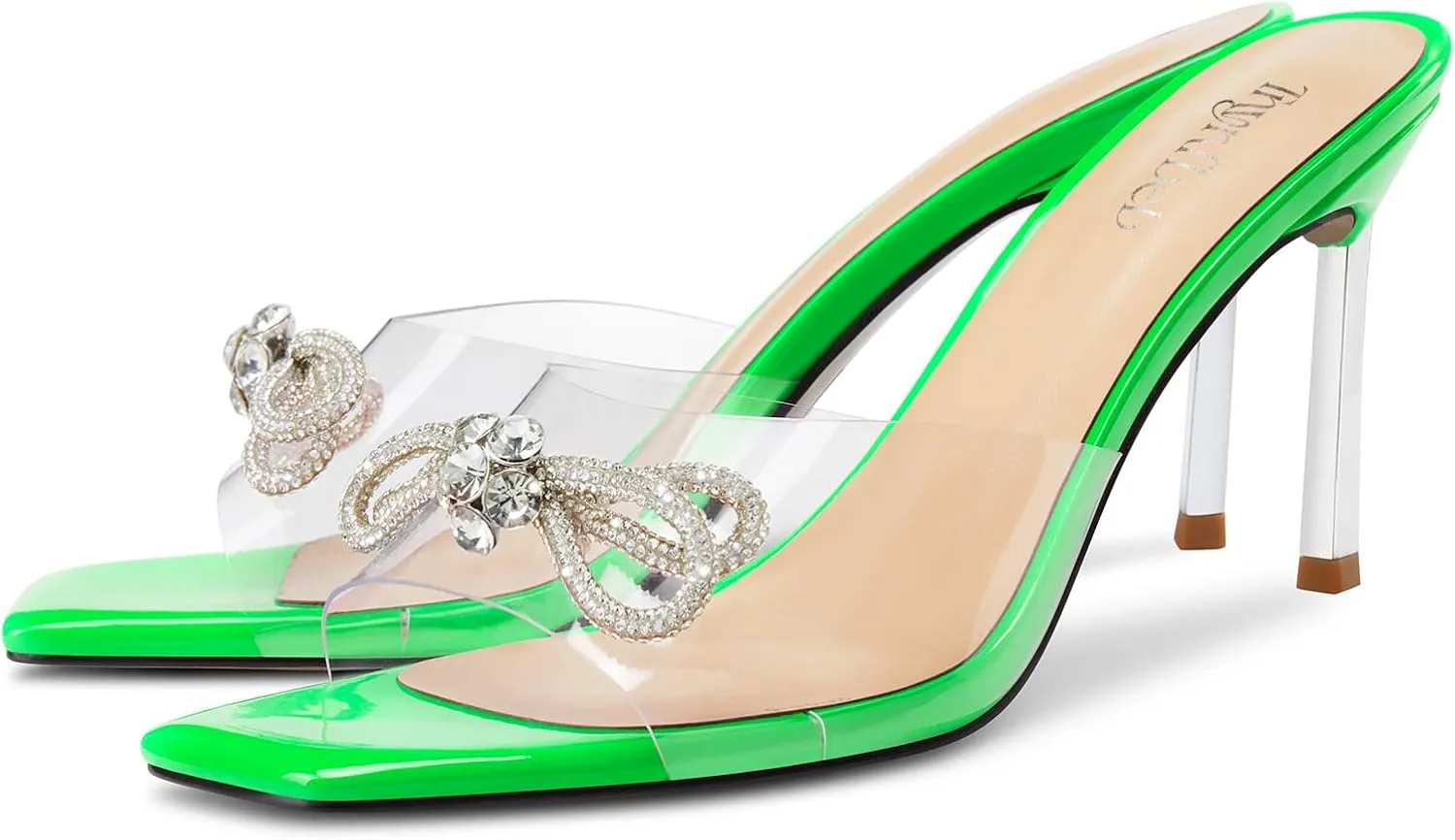 TNYNFBEB Womens Mid Heel Peep Open Toe Mules Shoes Sandals Slip-on Rhinestone Crystal Bow-knot Party Clear 3.3 Inches Heels
