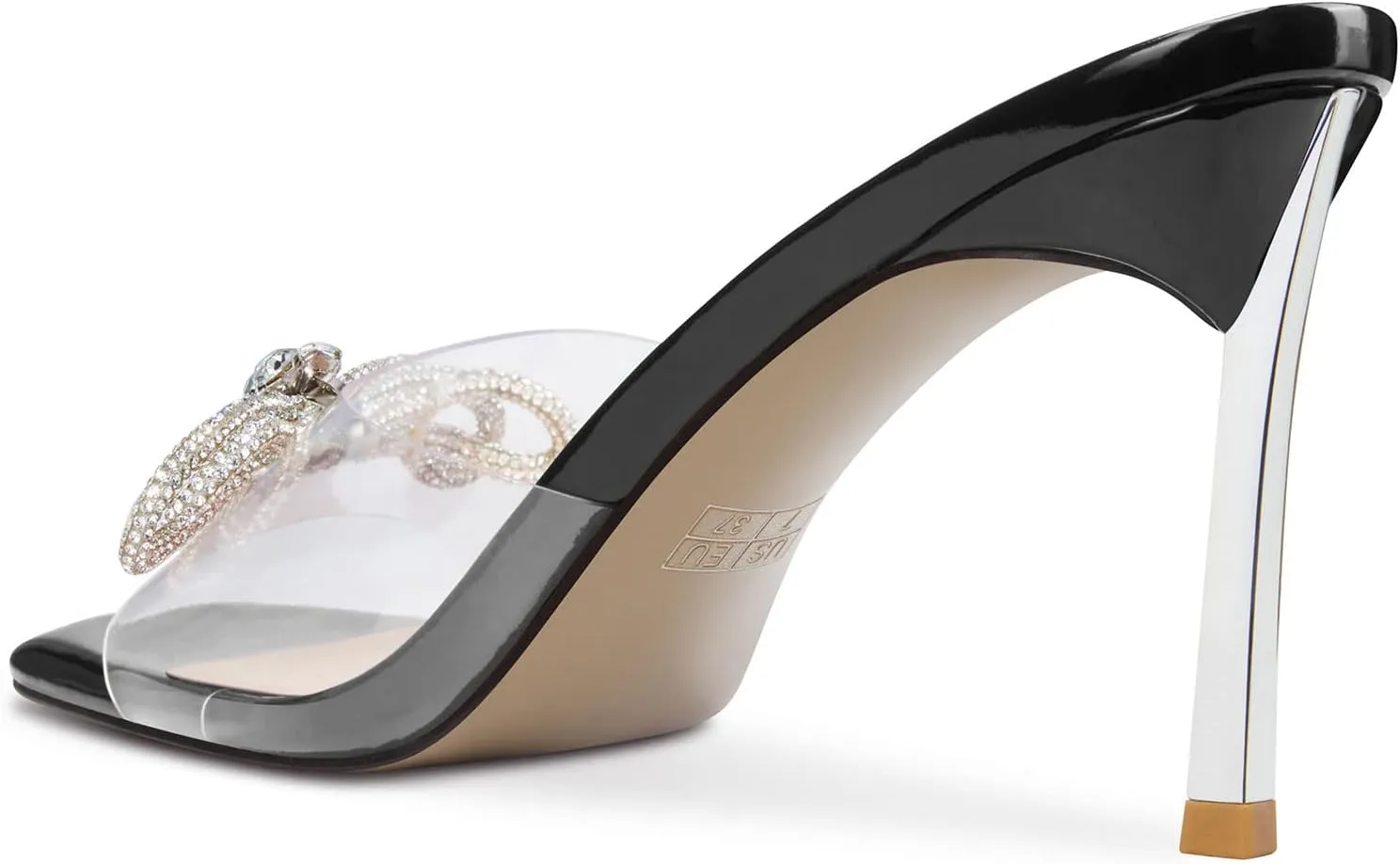 TNYNFBEB Womens Mid Heel Peep Open Toe Mules Shoes Sandals Slip-on Rhinestone Crystal Bow-knot Party Clear 3.3 Inches Heels