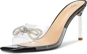 TNYNFBEB Womens Mid Heel Peep Open Toe Mules Shoes Sandals Slip-on Rhinestone Crystal Bow-knot Party Clear 3.3 Inches Heels