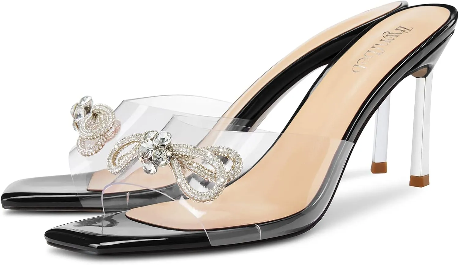 TNYNFBEB Womens Mid Heel Peep Open Toe Mules Shoes Sandals Slip-on Rhinestone Crystal Bow-knot Party Clear 3.3 Inches Heels