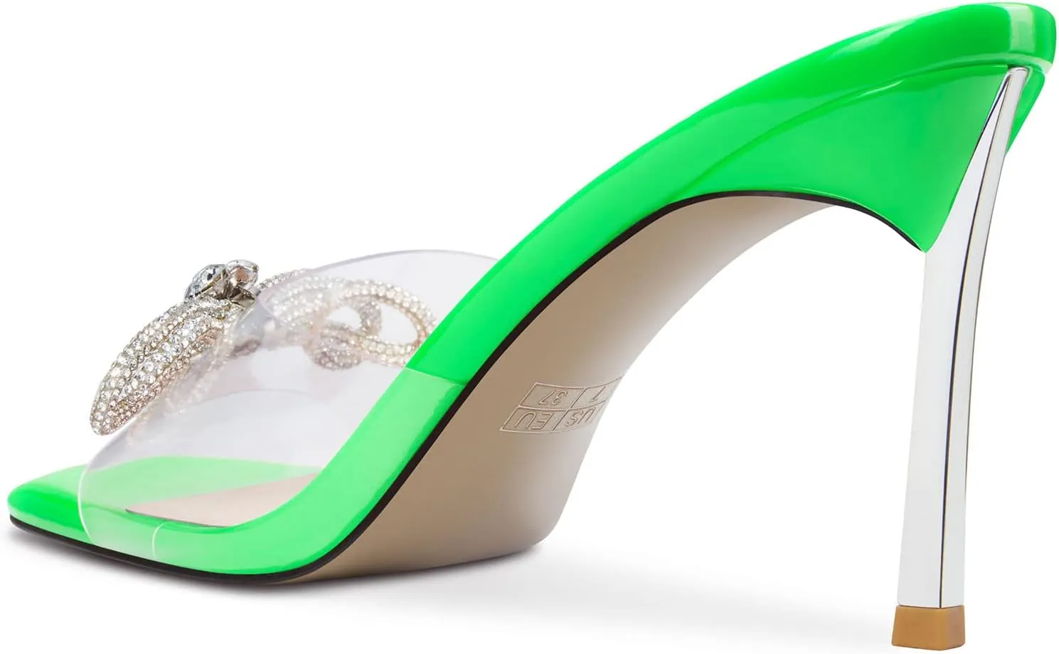 TNYNFBEB Womens Mid Heel Peep Open Toe Mules Shoes Sandals Slip-on Rhinestone Crystal Bow-knot Party Clear 3.3 Inches Heels
