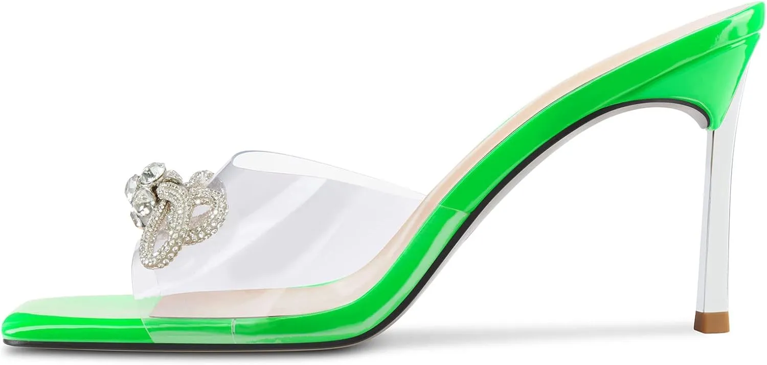 TNYNFBEB Womens Mid Heel Peep Open Toe Mules Shoes Sandals Slip-on Rhinestone Crystal Bow-knot Party Clear 3.3 Inches Heels