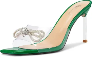 TNYNFBEB Womens Mid Heel Peep Open Toe Mules Shoes Sandals Slip-on Rhinestone Crystal Bow-knot Party Clear 3.3 Inches Heels