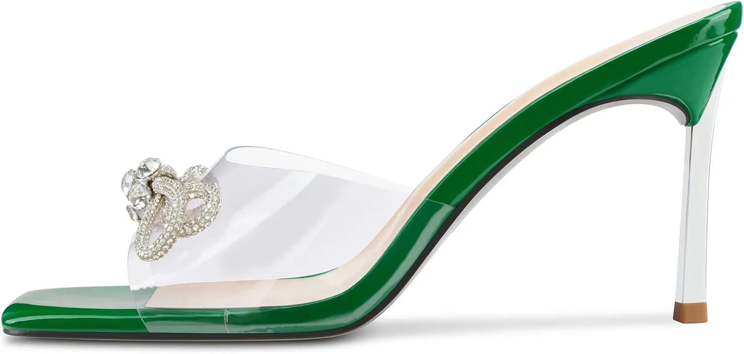 TNYNFBEB Womens Mid Heel Peep Open Toe Mules Shoes Sandals Slip-on Rhinestone Crystal Bow-knot Party Clear 3.3 Inches Heels