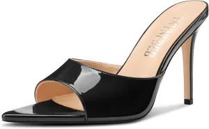 TNYNFBEB Womens Stiletto High Peep Open Pointed Toe Sandals Mules Shoes Slip-on Slingback Office Party Dress Patent Leather Summer 3.9 Inches Heels