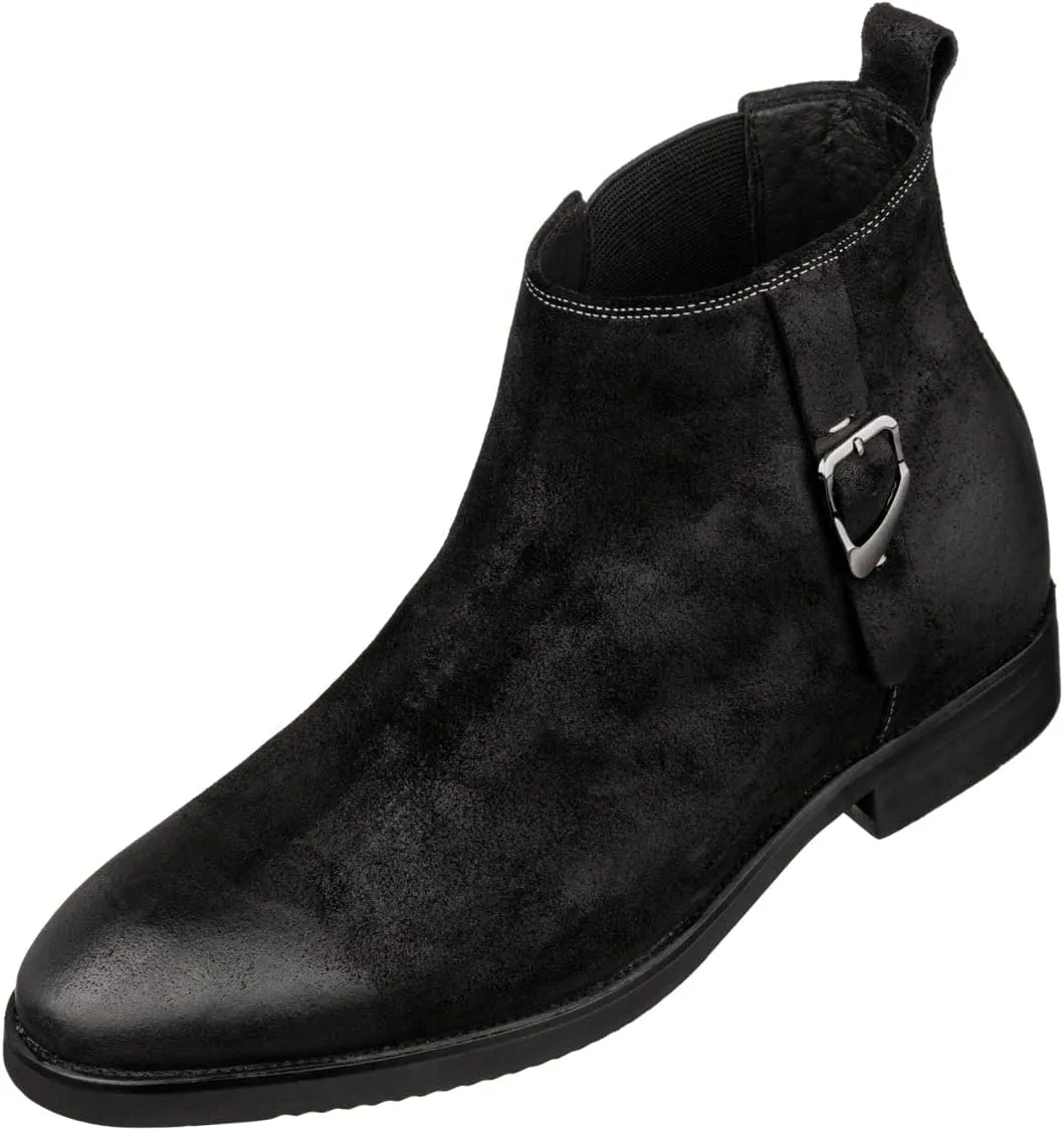 TOTO Men's Invisible Height Increasing Elevator Shoes - Black Nubuck Leather Slip-on Chelsea Ankle Boots - 3.0 Inches Taller - K92081 - Size 9 D(M) US