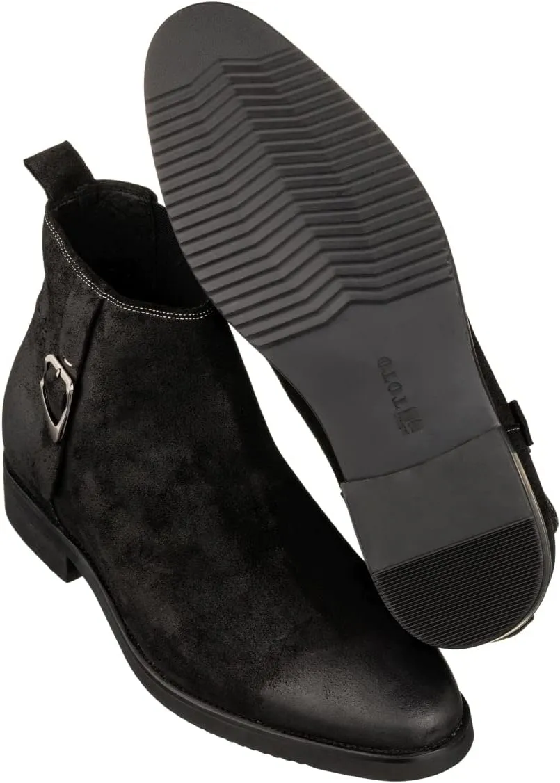 TOTO Men's Invisible Height Increasing Elevator Shoes - Black Nubuck Leather Slip-on Chelsea Ankle Boots - 3.0 Inches Taller - K92081 - Size 9 D(M) US