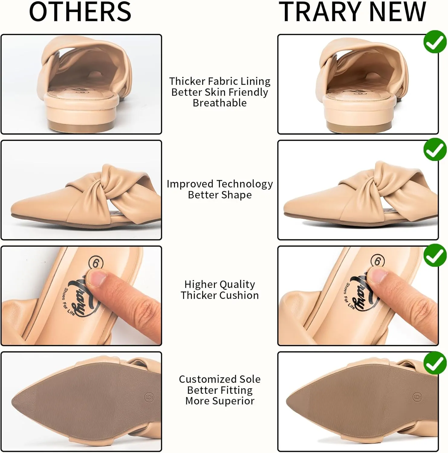 Trary Womens Mules Flats Closed Pointed Toe Comfortable Slip on Backless Loafer Shoes for Women with Knot