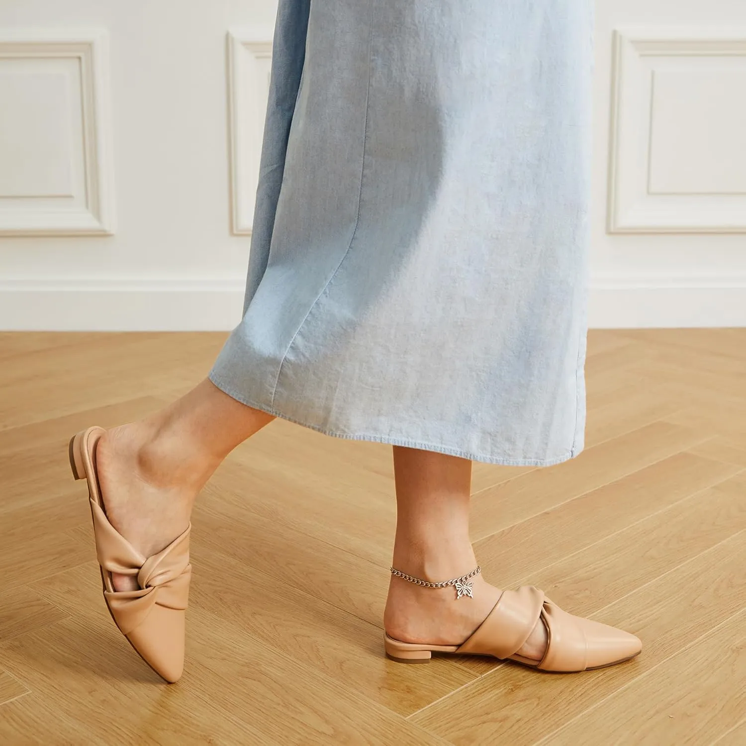 Trary Womens Mules Flats Closed Pointed Toe Comfortable Slip on Backless Loafer Shoes for Women with Knot