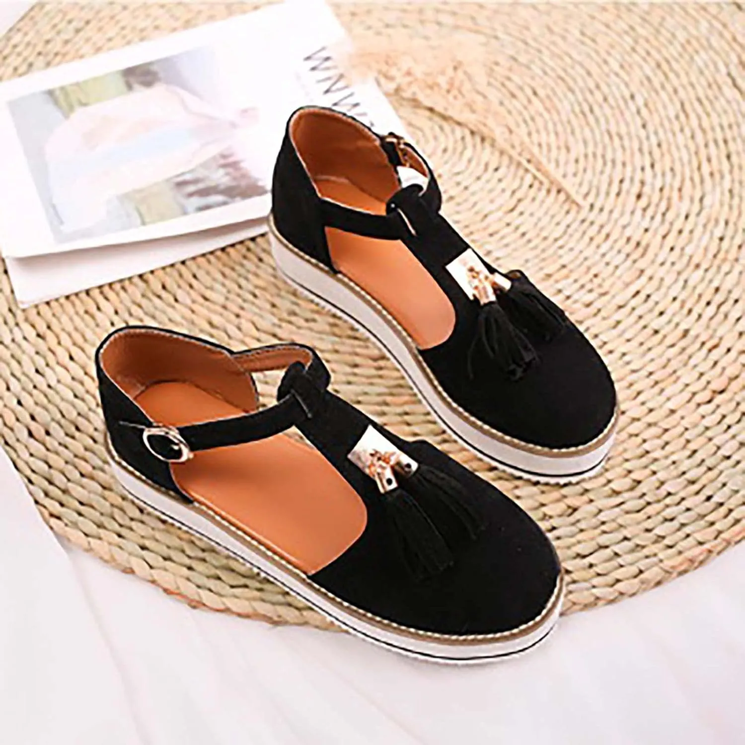 Trendy Platform Sandals with Tassels Casual Closed-Toes Ankle Strap Sandal Walking Shoes Comfortable Summer Look