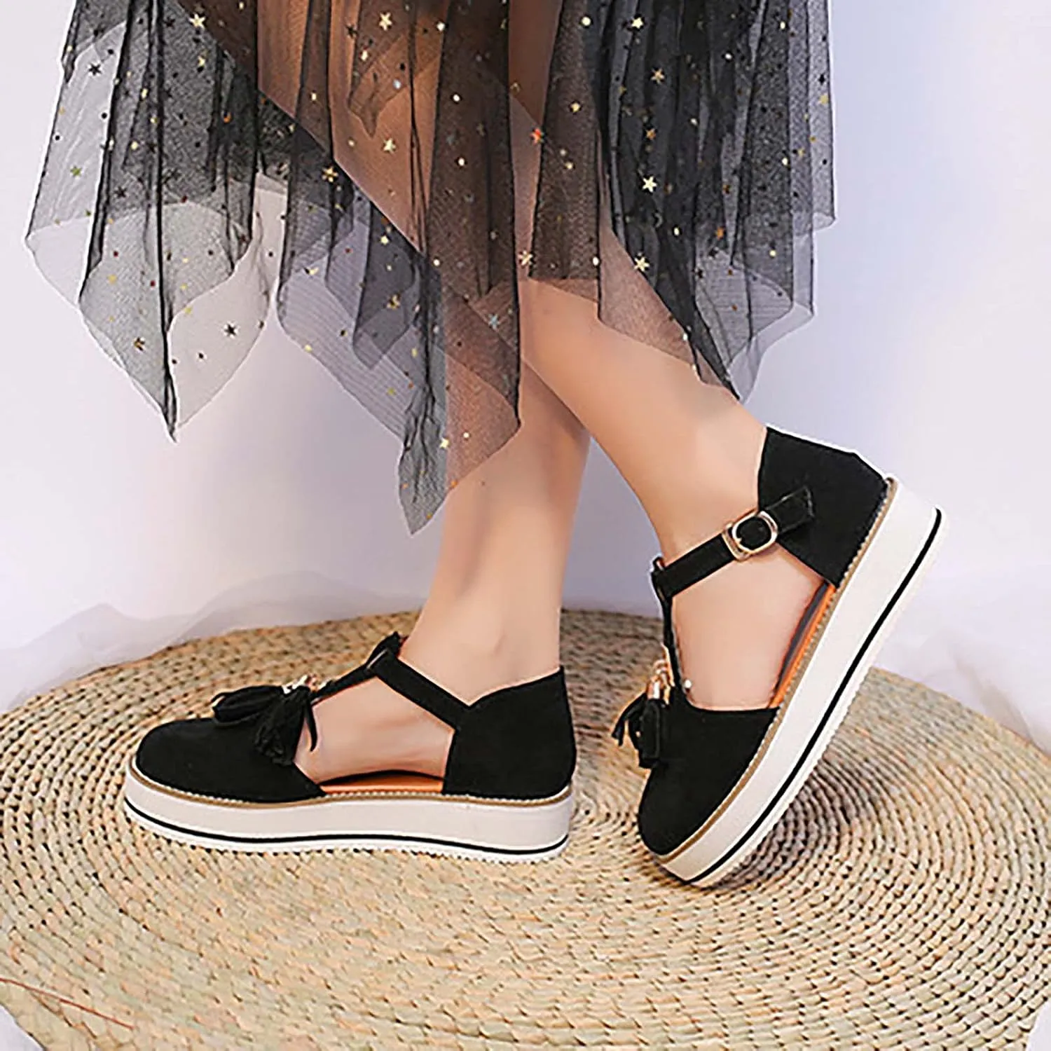 Trendy Platform Sandals with Tassels Casual Closed-Toes Ankle Strap Sandal Walking Shoes Comfortable Summer Look