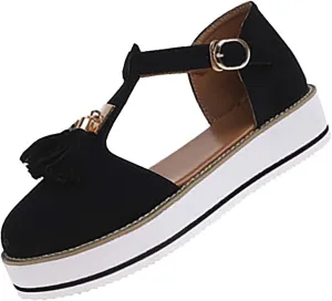 Trendy Platform Sandals with Tassels Casual Closed-Toes Ankle Strap Sandal Walking Shoes Comfortable Summer Look