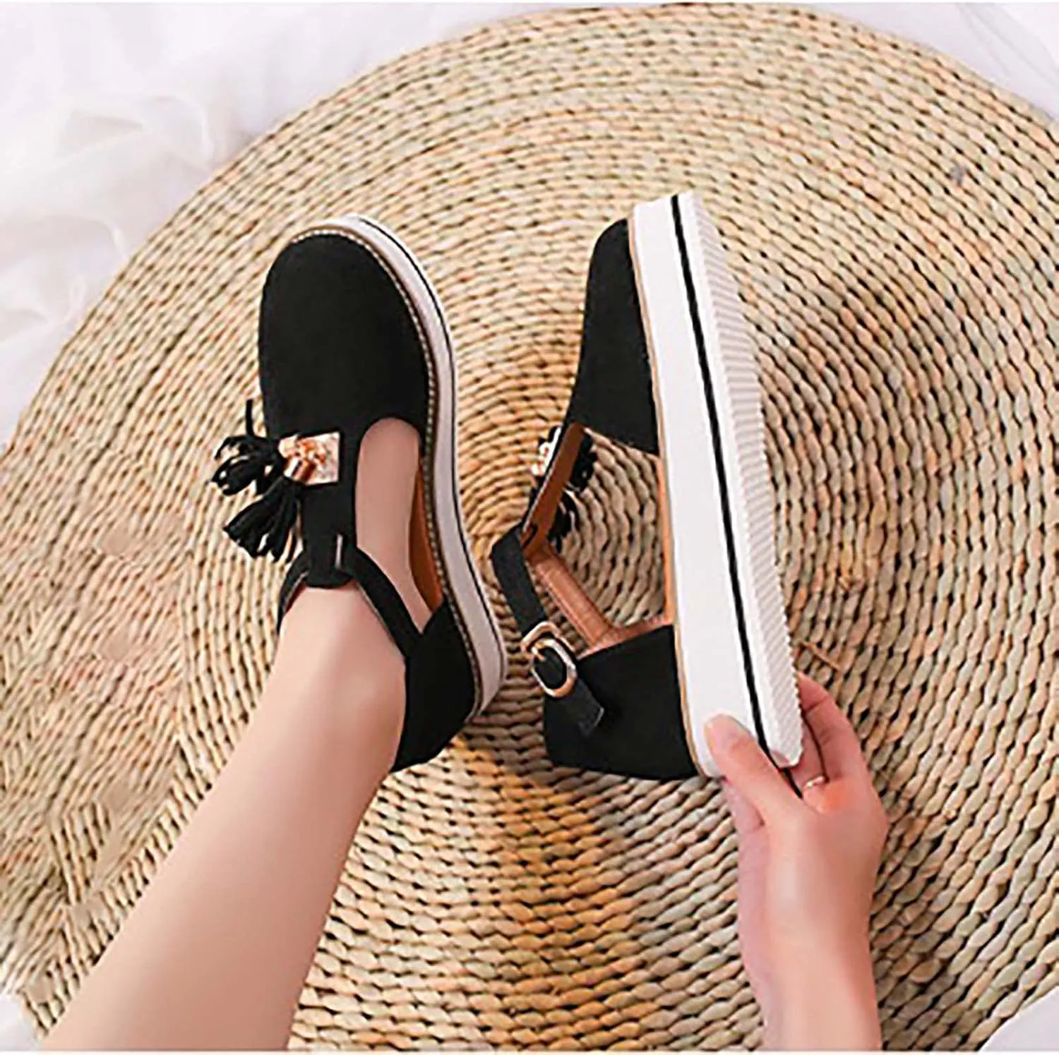 Trendy Platform Sandals with Tassels Casual Closed-Toes Ankle Strap Sandal Walking Shoes Comfortable Summer Look