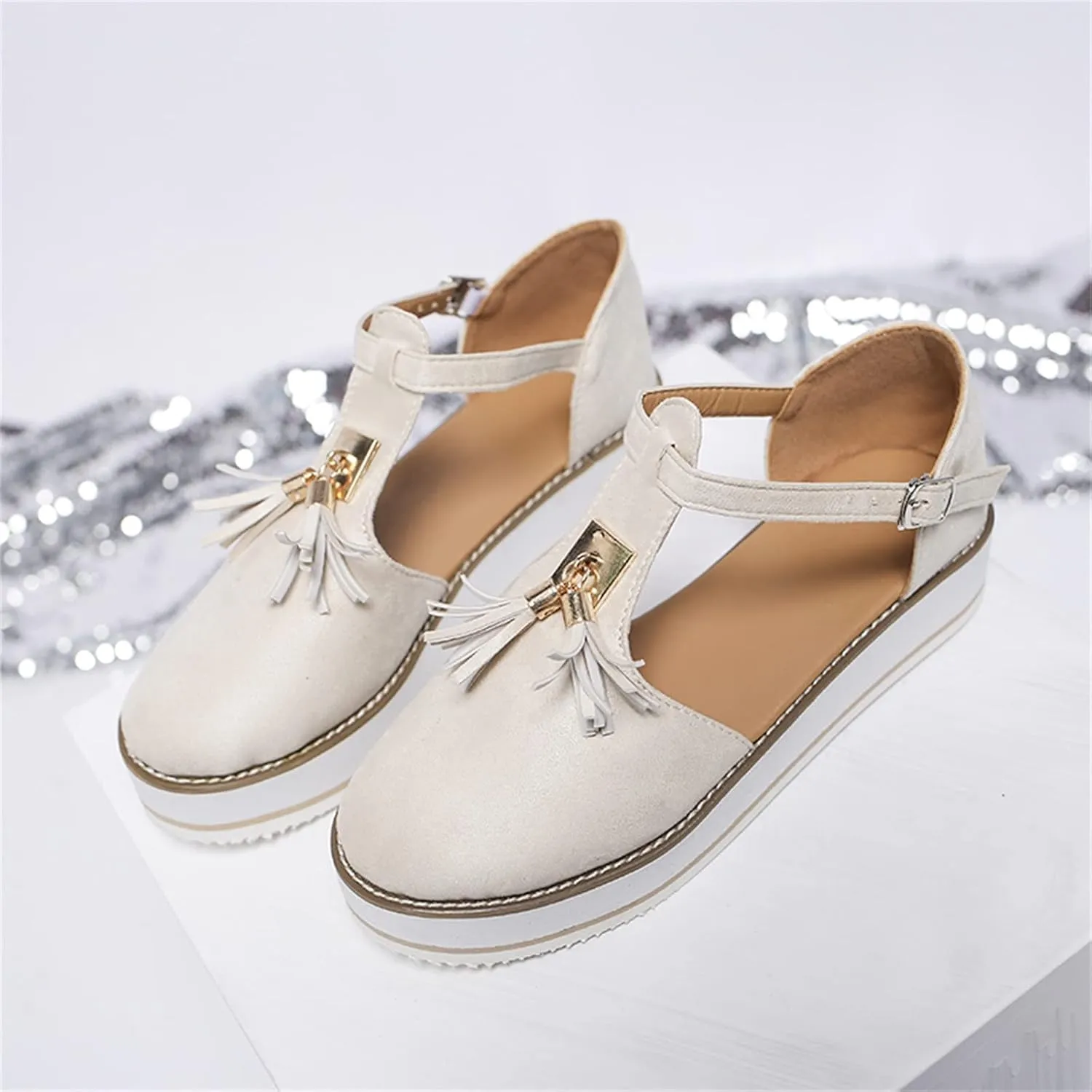 Trendy Platform Sandals with Tassels Casual Closed-Toes Ankle Strap Sandal Walking Shoes Comfortable Summer Look