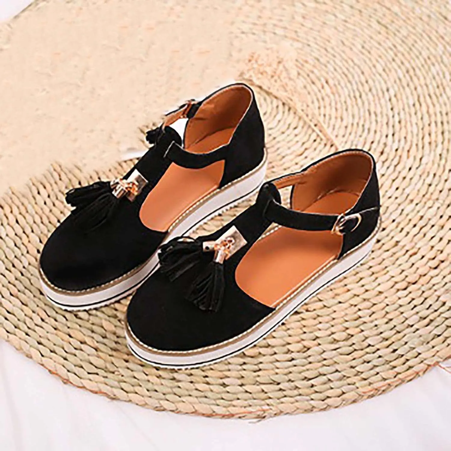 Trendy Platform Sandals with Tassels Casual Closed-Toes Ankle Strap Sandal Walking Shoes Comfortable Summer Look
