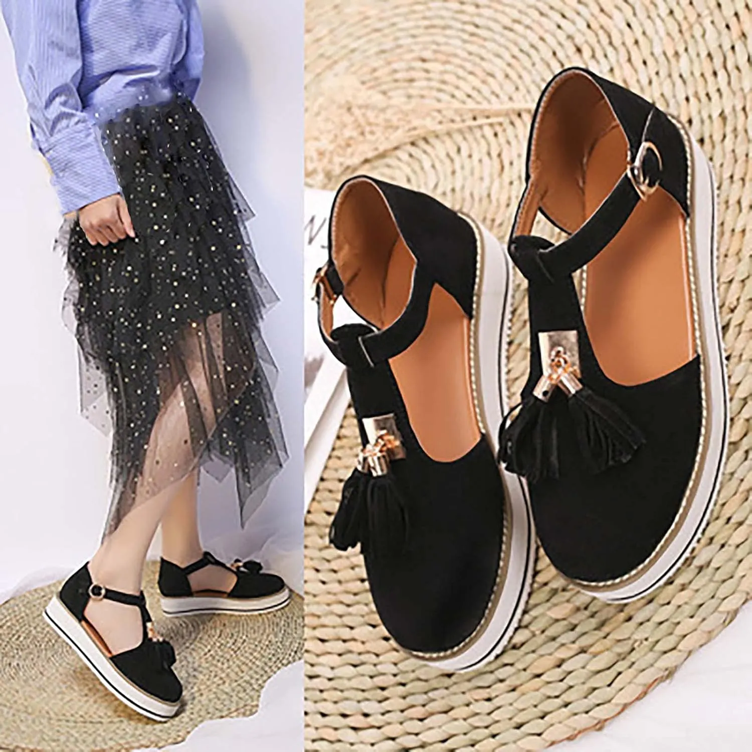 Trendy Platform Sandals with Tassels Casual Closed-Toes Ankle Strap Sandal Walking Shoes Comfortable Summer Look