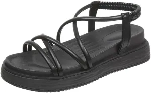 Trendy Women Platform Sandal with Criss-Cross Elastic Straps Casual Dressy Flat Footwear Summer Beach Sandals