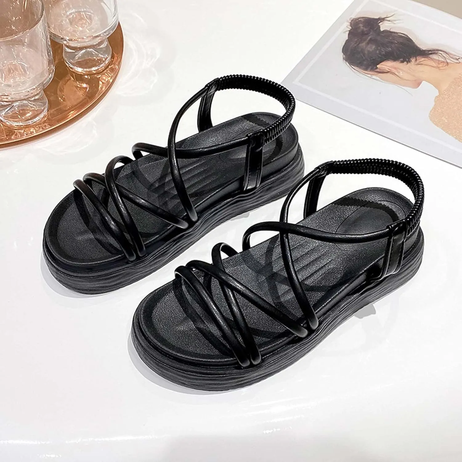 Trendy Women Platform Sandal with Criss-Cross Elastic Straps Casual Dressy Flat Footwear Summer Beach Sandals