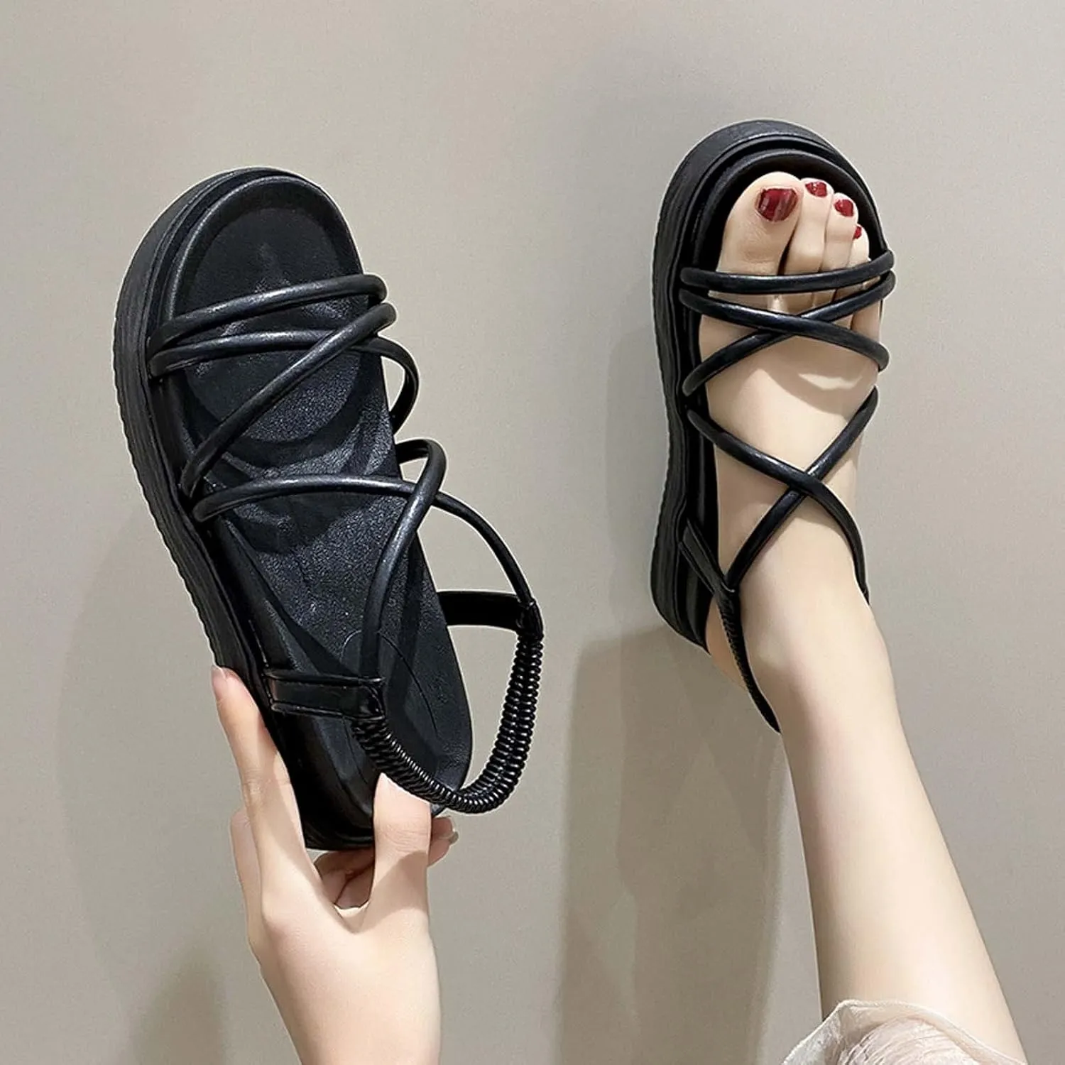 Trendy Women Platform Sandal with Criss-Cross Elastic Straps Casual Dressy Flat Footwear Summer Beach Sandals