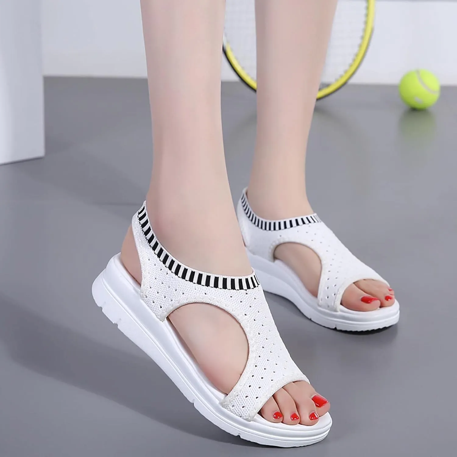 Trendy Women Platform Sandals Summer Slip-On Sport Sandal Shoes with Striped Elastic Band for Comfort and Style
